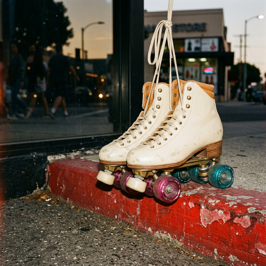 Film photo of the skates hanging by their laces over a red painted curb at dusk.