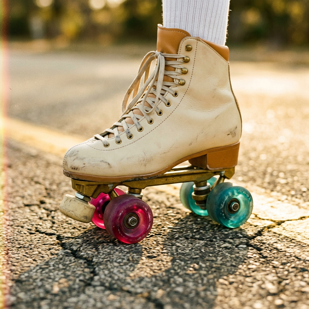 Close-up film photo of one cream skate with pink and teal wheels on sunlit pavement.