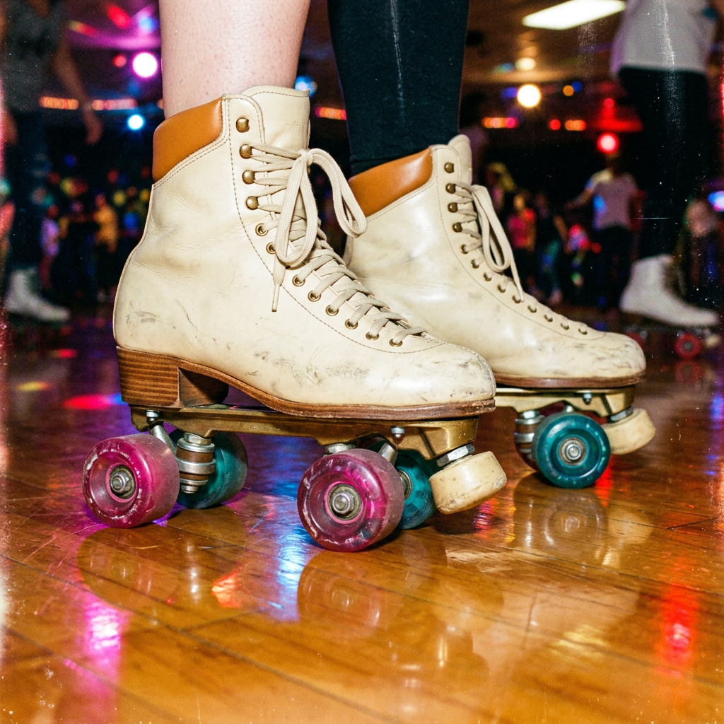Close-up film photo of the skates rolling across a glossy rink floor.